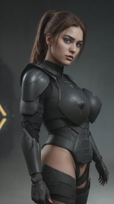 A stunning, hyper-realistic digital rendering of Sergeant Calhoun from the movie "Wreck-It Ralph." She stands confidently in the forefront, her hair swept back into a sleek ponytail, revealing sharp cheekbones and piercing blue eyes. The lighting casts dramatic shadows across her toned and curvy body, highlighting her form-fitting digital military uniform that hugs her in all the right places. The vibrant neon colors of the game world she hails from, Hero's Duty, reflect off her armor, adding a futuristic and seductive glow. Above her, the game's logo pulses with energy, creating a stark contrast with the dark, metallic background. Her weapon of choice, a high-powered rifle, is slung over her shoulder with ease, emphasizing her combat prowess. The sergeant's hand rests on her hip, drawing attention to her assertive stance and enhancing her allure. In the bottom right corner, a small, playful glitch in the image gives a nod to her video game origins. Despite the sexiness of the pose, her gaze is focused and determined, exuding a commanding presence that leaves no doubt she's ready for action. The overall composition suggests a powerful yet sensual heroine, ready to conquer any virtual or real-world challenge that comes her way., casual photo, natural beauty, soft focus, depth of field, 8k photo, HDR, professional lighting, taken with Canon EOS R5, 75mm lens, (massive huge breasts:1.8), (sexy body armor:1.8)