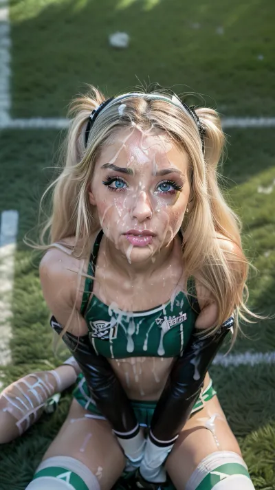 Solo, mature look 25 year old, masterpiece, (perfect lighting:1.4), (skinny:1.4), (ultra detailed face:1.4), (ultra high detailed cheerleader outfit:1.4), 8k, (slutty cheerleader outfit in, (black, white, green), , :1.4), (high resolution:1.4), (25 year old cheerleader:1.4), body, 5ft, heavy makeup, blonde hair, blue eyes, tanned skin, hairband, thigh high socks, (tons of cum:1.4), bukkake, American Football field, outside, grass, <lora:more_details:.5>, <lora:Lgirl-v6_500steps:1>, <lora:facialized:.5>, <lora:cum_b1:.5>, <lora:bukkake_v0.4:1>