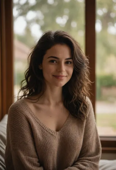 Intimate morning portrait, natural window light streaming in, tousled dark wavy hair, soft genuine smile, cozy oversized brown sweater, casual at-home vibes, mischievous glance, minimal everyday makeup, warm vanilla walls in background, lifestyle photography, candid moment, shot on Sony A7IV with 35mm f/1.4 lens, shallow depth of field, (soft morning glow:1.3), (natural skin texture:1.2), (gentle bokeh:1.2), (casual intimacy:1.4), dreamy atmosphere, film-like grain, nostalgic color grading, Instagram aesthetic, lifestyle blogger quality