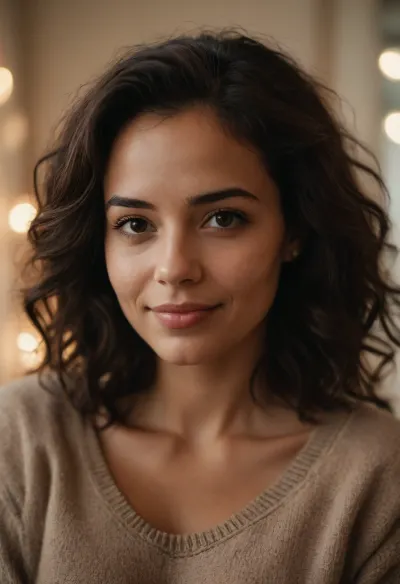 Intimate morning portrait, natural window light streaming in, tousled dark wavy hair, soft genuine smile, cozy oversized brown sweater, casual at-home vibes, mischievous glance, minimal everyday makeup, warm vanilla walls in background, lifestyle photography, candid moment, shot on Sony A7IV with 35mm f/1.4 lens, shallow depth of field, (soft morning glow:1.3), (natural skin texture:1.2), (gentle bokeh:1.2), (casual intimacy:1.4), dreamy atmosphere, film-like grain, nostalgic color grading, Instagram aesthetic, lifestyle blogger quality