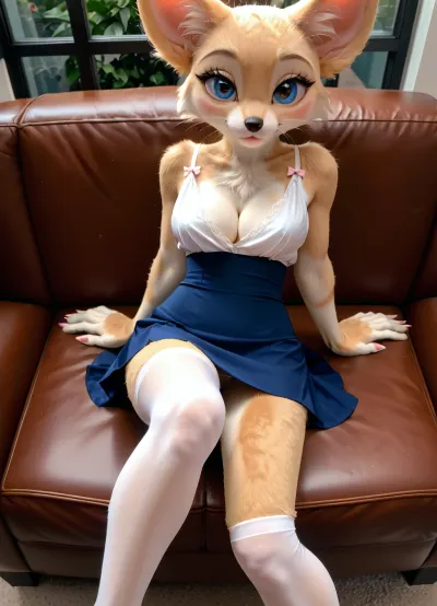 female, ((furry)), top.less, slender body cute, delicate, cleavage, big eyes, translucent blouse, attractive pose sitting leg to leg, shows off body, business skirt, perfect glutes, smile, seductive, slender legs, stockings HD Roberts style art, perspective from above, <lora:furry_and_friends_flux_v2:.5>, <lora:681678_training_data:.5>