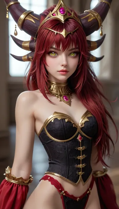 (Beautiful Alexstrasza dragon girl), (Alexstrasza's erotic silk Dress, black armor corset, armor lingerie, Gold jewelry on the neck and horns), (long hair ponytail), (Ruby Rose Hairstyle), (oval shape head), (round head), (high cheekbones), (beautiful face), (strong jawline), (Beautiful shining yellow eyes), (almond-shaped eyes), (long lashes), (tin eyebrows), ((full lips), (170cm high), ((edgy style), (dark nails), (tattoos), (tattoos 10% body), (small elastic breasts), (very slim body), (perky breasts), (flat stomach), (small ass), (round ass), (firm ass), (toned legs), (lean legs), (feminine legs), (well-defined feet))), (Against the background of Gothic cathedral), <lora:EnvyZoomSliderXL01:1>, <lora:Colorful Hair Slider_alpha1.0_rank4_noxattn_last:2>, <lora:iris_size_control_i_XL_6:2>, <lora:loraeyesxl:2>, <lora:DetailedEyes_V3:2>