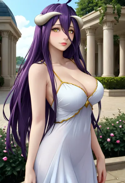 Albedo, (overlord), gold eyes, violet long hair, 1 girl, solo, slim body, huge tits, in public garden, <lora:milkers_v2:2>