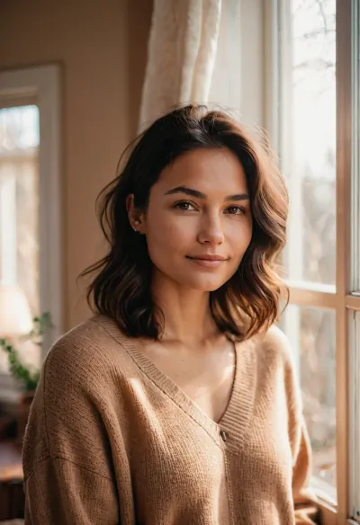 Intimate morning portrait of a charming woman with Native American features, strong jawline and nose, natural window light streaming in, tousled dark strait hair with warm undertones, soft genuine smile, cozy oversized brown sweater, casual at-home vibes, bashful glance, minimal everyday makeup, warm vanilla walls in background, lifestyle photography, candid moment, shot on Sony A7IV with 35mm f/1.4 lens, shallow depth of field, (soft morning glow:1.3), (natural skin texture:1.2), (gentle bokeh:1.2), (casual intimacy:1.4), dreamy atmosphere, film-like grain, nostalgic color grading, Instagram aesthetic, lifestyle blogger quality, ZipRealism, <lora:sunnyrayyxo_v1_SDXLBase:.2>