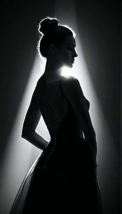 a black and white photo of a woman in a dress, art photography, a black and white photo, by Zsolt Bodoni, beautiful female body silhouette, perfect female body silhouette, beautiful shadowing, elegant noir, backlight body
