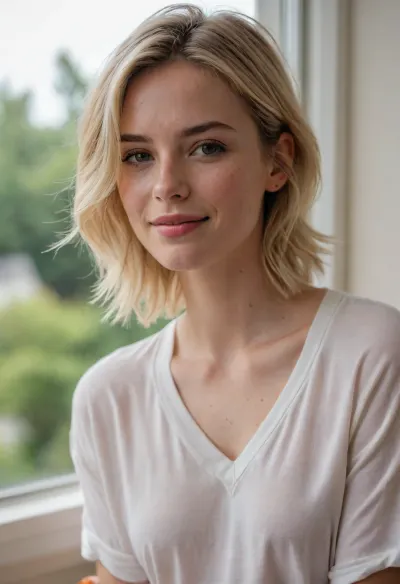 Intimate morning portrait of an adoring girlfriend, delicate features and subtle freckles, natural window light streaming in, tousled short blonde hair with dark roots, soft genuine smile, cozy oversized white shirt, casual at-home vibes, minimal everyday makeup, warm vanilla walls in background, shot on Sony A7IV with 35mm f/1.4 lens, shallow depth of field, (soft morning glow:1.3), (natural skin texture:1.2), (gentle bokeh:1.2), (casual intimacy:1.4), , lifestyle photography, candid moment, dreamy atmosphere, film-like grain, nostalgic color grading, Instagram aesthetic, lifestyle blogger quality, ZipRealism, <lora:sunnyrayyxo_v1_SDXLBase:.2>