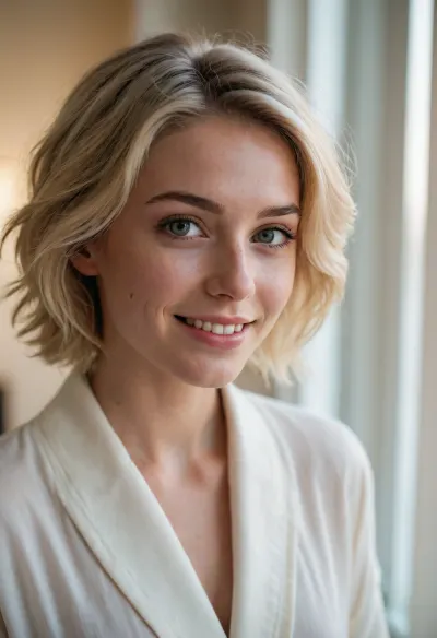 Intimate morning portrait of an mischievous girlfriend, delicate features and subtle freckles, natural window light streaming in, tousled short blonde hair with dark roots, soft teasing smile, soft cozy white robe, casual at-home vibes, minimal everyday makeup, warm vanilla walls in background, shot on Sony A7IV with 35mm f/1.4 lens, shallow depth of field, (soft morning glow:1.3), (natural skin texture:1.2), (gentle bokeh:1.2), (casual intimacy:1.4), , lifestyle photography, candid moment, dreamy atmosphere, film-like grain, nostalgic color grading, Instagram aesthetic, lifestyle blogger quality, ZipRealism, <lora:sunnyrayyxo_v1_SDXLBase:.2>