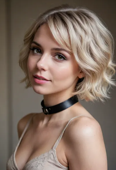 ashen blonde hair cut in short pixiecut with textured waves, intimate bedroom portrait, large doe eyes, mischievous grin, strict leather corset and choker, wide hips and narrow waist, hourglass shape