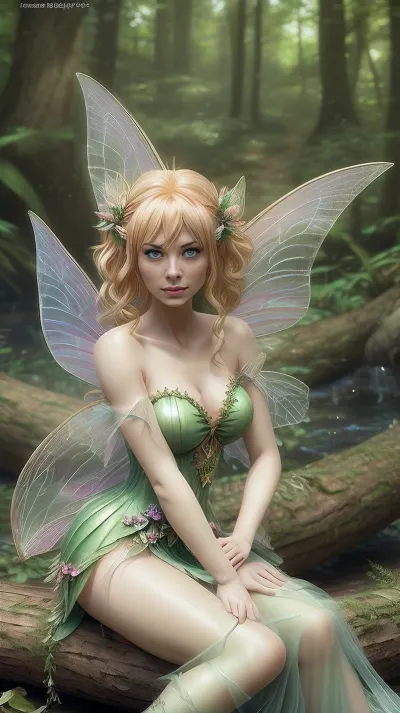 a woman dressed as a fairy sitting on a log, fairy cgsociety, stunning 3d render of a fairy, beautiful adult fairy, tinkerbell, queen of the fairies, stuning fantasy 3 d render, fairy, fairylike, 3 d anime realistic, realistic anime 3 d style, fairy magnificent, realistic, anime, beautiful fairy, beautiful fairie