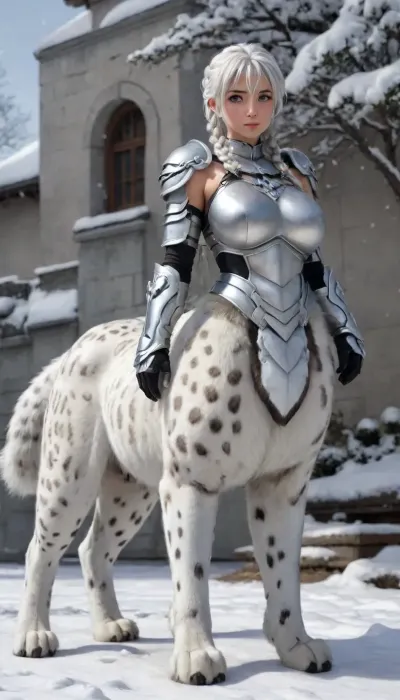 photorealistic, front view, Japanese, white hair, catgirl, snow leopard, cat lower body, massive paws, multiple snow leopard tails, cattaur, full body, armour, angelic, artiangel, Ranma21, a, girl, silver, extreme, long, braid, Rapunzel, high-waist, single, braided, ponytail, black, wanapi, fur, xuer, White, tiger, centaur, female, feline, body, paws, tail, up, from, below, side, <lora:milkers_v2:.5>, <lora:Ranma21_V1-step00001500:.4>, <lora:wanapi:1.5>, <lora:绪儿 猛虎下山 xuer White tiger:.8>, <lora:267360_training_data:2>, <lora:554328_training_data:.7>, <lora:centaurs_042_merge_sdxl:.4>