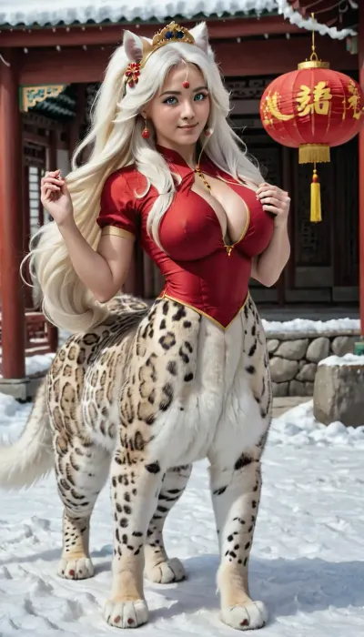 photorealistic, Japanese, Ranma has the body of an enormous snow leopard, Panthera uncia, super long hair, snowy, white, fur, Ranma is a Cattaur, Ranma has an anthro snow leopard face, huge anime eyes, huge fluffy cat paws, Ranma is a Felitaur, naked, huge cat paws for hands and feet, Anthro cat, huge fluffy cat ears and tail, performing martial arts kata, (full body, from side), of, (nude sexy fit female, (centaur, cattaur, felitaur), with second body, four legs, six breasts), (ideal face, bimbo makeup, smile, snow white hair, very long hair, arctic white fur, six enormous breasts, very long nipples), (lying on belly, soles), inside a dojo, cat, snow leopard, centaur, female, body, paws, tail, up, below, extremely, view, from, front, facing, camera, side, straight, wavy, curly, massive, clip, bun, afro, silky, vibrant, intricate, neat, messy, hands, through, 1girl, shenhe_\, (genshin_impact\), solo, long_hair, hair_over_one_eye, hair_ornament, black_dress, lantern, bangs, chinese_clothes, earrings, jewelry, blue_eyes, very, hanging, dynamic, on, ground, Ranma21, a, girl, red, hair, braid, shirt, chinese, clothes, short, sleeves, pants, high-waist, single, long, braided, ponytail, black, <lora:centaurs_042_merge_sdxl:.75>, <lora:Long_hair_SDXL:2>, <lora:shenhe_new:.25>, <lora:verylonghairv2:1>, <lora:Ranma21_V1-step00001500:.2>, princess, dress, <lora:xl_princess_dress-2.0:.5>