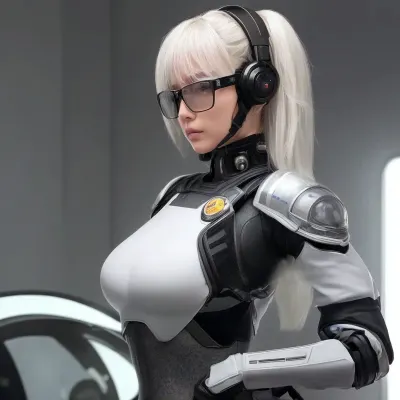 photorealistic, futuristic space fighter pilot, female, asian, japanese, woman, huge breasts, eight breasts, extra breasts, more breasts, alone, shoulder length hair, white hair, space flight suit, space flight helmet, holographic visor, futuristic visor, armour, single person, colour, hair, curly, tail, cut, white, bust, upper torso and head, SilverPulse, hlpr, mad-bdyarmr, rifle, handgun, zeon, pilot, flight, suit, starship, troopers, armor, gloves, shoulder, patch, bulletproof, vest, military, helmet, wearing, a, with, chinstrap, lucy, (cyberpunk\), cyberpunk, glasses, futuristic, led, sliced, bob, beautiful_mistake-6500, <lora:zeon pilot:.3>, <lora:StarshipTroopersArmor-10:.5>, <lora:lucy_offset:.7>, <lora:LED_Glasses-000012:1.5>, <lora:sliced_bob-2.0:.7>, <lora:MoreBoobsPleaseV4-XL-08:1.5>