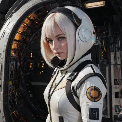 photorealistic, futuristic space fighter pilot, female, woman, alone, shoulder length hair, white hair, space flight suit, space flight helmet, holographic visor, futuristic visor, armour, single person, colour, hair, curly, tail, cut, white, cyberpunk, led, bust, upper torso and head, SilverPulse, sliced, bob, cig, star, citizen, aegis, anvil, aopoa, argo, banu, crusader, drake, esperia, misc, origin, rsi, vanduul, roberts, space, industries, reclaimer, redeemer, hammerhead, eclipse, avenger, gladius, vanguard, pisces, carrack, legionnaire, hurricane, hornet, f7c, hawk, arrow, liberator, khartu, al, raft, mpuv, mole, defender, merchantman, hercules, inferno, msr, corsair, cutlass, caterpillar, blade, talon, shrike, prospector, hull, starfarer, freelancer, 100i, 300i, 400i, 600i, 890j, 890, jump, perseus, constellation, galaxy, mantis, aurora, scythe, glaive, hlpr, futuristic, <lora:science:.2>, <lora:SilverPulseMorphXL:1.3>, <lora:xl_sliced_bob-1.0:1.2>, <lora:starcitizen:.2>, <lora:551145_training_data:.8>, <lora:223387_training_data:1.6>, <lora:holoportraitv1:1.5>, <lora:435733_training_data:2>