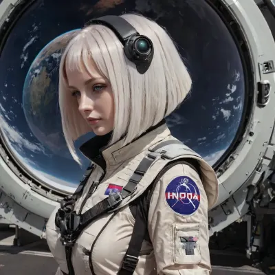 photorealistic, futuristic space fighter pilot, female, woman, alone, shoulder length hair, white hair, space flight suit, space flight helmet, futuristic visor, armour, single person, colour, hair, curly, tail, cut, white, cyberpunk, glasses, futuristic, led, bust, upper torso and head, SilverPulse, sliced, bob, cig, star, citizen, aegis, anvil, aopoa, argo, banu, crusader, drake, esperia, misc, origin, rsi, vanduul, roberts, space, industries, reclaimer, redeemer, hammerhead, eclipse, avenger, gladius, vanguard, pisces, carrack, legionnaire, hurricane, hornet, f7c, hawk, arrow, liberator, khartu, al, raft, mpuv, mole, defender, merchantman, hercules, inferno, msr, corsair, cutlass, caterpillar, blade, talon, shrike, prospector, hull, starfarer, freelancer, 100i, 300i, 400i, 600i, 890j, 890, jump, perseus, constellation, galaxy, mantis, aurora, scythe, glaive, <lora:science:.9>, <lora:SilverPulseMorphXL:1.3>, <lora:xl_sliced_bob-1.0:1.5>, <lora:starcitizen:.2>, <lora:551145_training_data:.9>, <lora:223387_training_data:.5>