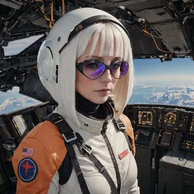 photorealistic, futuristic space fighter pilot, female, woman, alone, shoulder length hair, white hair, space flight suit, space flight helmet, futuristic visor, armour, single person, colour, hair, curly, tail, cut, white, cyberpunk, glasses, futuristic, led, bust, upper torso and head, SilverPulse, sliced, bob, cig, star, citizen, aegis, anvil, aopoa, argo, banu, crusader, drake, esperia, misc, origin, rsi, vanduul, roberts, space, industries, reclaimer, redeemer, hammerhead, eclipse, avenger, gladius, vanguard, pisces, carrack, legionnaire, hurricane, hornet, f7c, hawk, arrow, liberator, khartu, al, raft, mpuv, mole, defender, merchantman, hercules, inferno, msr, corsair, cutlass, caterpillar, blade, talon, shrike, prospector, hull, starfarer, freelancer, 100i, 300i, 400i, 600i, 890j, 890, jump, perseus, constellation, galaxy, mantis, aurora, scythe, glaive, <lora:science:.4>, <lora:SilverPulseMorphXL:1.1>, <lora:xl_sliced_bob-1.0:1.2>, <lora:starcitizen:.2>, <lora:551145_training_data:1.2>, <lora:223387_training_data:.3>