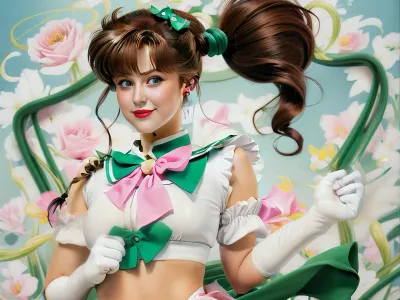 masterpiece, best quality, highres, hmjupiter, green eyes, ponytail, jewelry, sailor senshi uniform, blue sailor collar, choker, elbow gloves, white gloves, pink bow, brooch, leotard, green skirt, (white panties are visible:.7), cowboy shot, smile, 1girl, solo, underwear, panties, standing, panty, pull, pants, pussy, undressing, clothes, <lora:sailor_jupiter_v1:.7>, <lora:Ghibli_v6:.5>, <lora:MS_Real_PantsDownFront_Lite:.3>