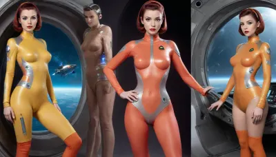 [Flat 2D Art], Old pulp scifi poster, side-by-side pictures of 18 year old sexy girls, sexy pose, (((asymmetrical, asymmetric, clothes:1.2))), (slim body, small perky tits, flat, chested, flat chested:1.2), deep perspective, clothes design variations, multiple views, (In the 25th century, Futuristic outfit, Futuristic clothes, futuristic sexy cyborg outfit, retro futuristic colors, sci-fi fashion, revealing clothes, wardrobe malfunction, exposing clothes, retrofuturism:1.2), (spacesuit, flightsuit, swimsuit, bodysuit, leotard, seethru, transparent, cutout, cutoffs, seamless, skintight, lowrise, lowleg, cutout clothing, crotch cutout, breast cutout, scifi space uniform, leggins, scifi, jewelry, uniform, exposed, tight uniform, lewd, sexy, rank insignia, space uniform, spaceship crew, Starfleet uniform), best quality, masterpiece, highly detailed, 8k uhd, perfect anatomy, detailed face, pubic insignia tattoo, areolae insignia tattoo, uniform tattoo, <lora:EnvyPulpScifiXL:.5>, <lora:EnvyAtompunkXL01:.4>