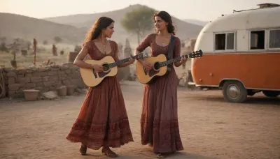 gitans peoples dancing near a firecamp when a gitan woman wearing a beautiful dress playing guitar near her old dusty caravan