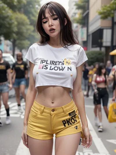 T-girl, nude, futunary, walking, crowded street, realistic, shirt, short_shorts, midriff, open_mouth, navel, yellow_shirt, t-shirt with the text "BLOWJOBS ARE REAL JOBS" write on it, closed_eyes, outdoors