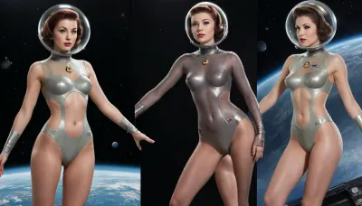 (style of old pulp scifi poster, Flat 2D Art:1), side-by-side pictures of 18 year old sexy girls, sexy pose, (((asymmetrical, asymmetric, clothes:1.2))), (slim body, small perky tits, little natural tits, flat, chested, flat chested:1.2), deep perspective, clothes design variations, multiple views, (In the 25th century, Futuristic outfit, Futuristic clothes, futuristic sexy cyborg outfit, retro futuristic colors, sci-fi fashion, retrofuturism), (spacesuit, flightsuit, swimsuit, bodysuit, leotard, seethru, transparent, cutout, cutoffs, seamless, skintight, lowrise, lowleg, crotch cutout, breast cutout, scifi space uniform, leggins, scifi, jewelry, uniform, exposed, tight uniform, lewd, sexy, rank insignia, space uniform, spaceship crew, Starfleet uniform), (revealing clothes, wardrobe malfunction, exposing clothes, cutout clothing:1.2), best quality, masterpiece, highly detailed, 8k uhd, perfect anatomy, detailed face, pubic insignia tattoo, areolae insignia tattoo, uniform tattoo, <lora:EnvyPulpScifiXL:.5>, <lora:EnvyAtompunkXL01:.4>