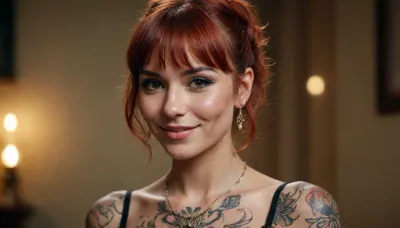a beautiful gypsy, tattooed all over, reddish hair, slim, tight features, bangs, looks at us kindly, she smiles