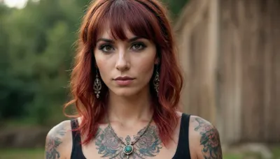 a beautiful gypsy woman, tattooed all over, reddish hair, slim, tight features, bangs, looks at us benevolently