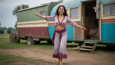 a beautiful happy gypsy dancing peacefully barefoot in front of her old caravan, an old woman nearby laughs at the sight.
