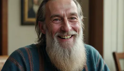 a skinny old man with a long beard smiling and laughing a lot looking at viewer