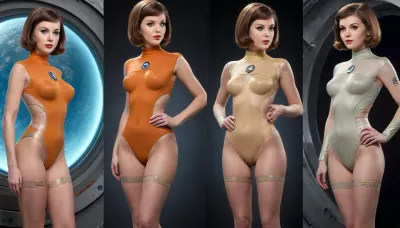 (style of old pulp scifi poster, Flat 2D Art:1), side-by-side pictures of 18 year old sexy girls, sexy pose, (((asymmetrical, asymmetric, clothes:1.2))), (slim body, small perky tits, little natural tits, flat, chested, flat chested:1.2), deep perspective, clothes design variations, multiple views, In the 25th century, Futuristic outfit, Futuristic clothes, futuristic sexy cyborg outfit, retro futuristic colors, sci-fi fashion, retrofuturism, spacesuit, flightsuit, swimsuit, bodysuit, leotard, seethru, transparent, cutout, cutoffs, seamless, skintight, lowrise, lowleg, crotch cutout, breast cutout, scifi space uniform, leggins, scifi, jewelry, uniform, exposed, tight uniform, lewd, sexy, rank insignia, space uniform, spaceship crew, Starfleet uniform, (revealing clothes, wardrobe malfunction, exposing clothes, cutout clothing:1.2), best quality, masterpiece, highly detailed, 8k uhd, perfect anatomy, detailed face, pubic insignia tattoo, areolae insignia tattoo, uniform tattoo, <lora:EnvyPulpScifiXL:.5>, <lora:EnvyAtompunkXL01:.4>