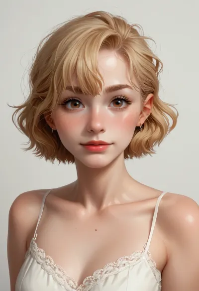 detailed, masterpiece, a woman, score_9, score_8_up, score_7_up, score_6_up, score_5_up, score_4_up, brown eyes, 1girl, (score_9, score_8_up:1.1), , (ashen blonde hair styled in a short pixie-cut with textured waves with dark undertones), flushed cheeks, big eyes, eye contact, excited eyes, twinkling eyes, excited grin, green eyes, pale skin, freckles, elvish features, (incase style), <lora:287175_training_data:1.2>