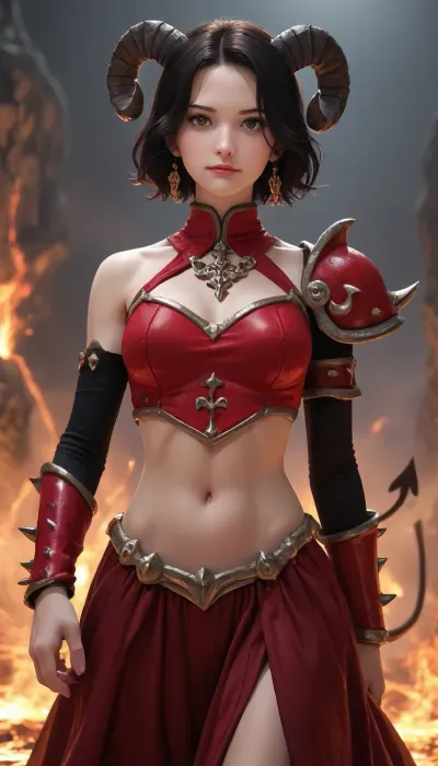A muscular and sexy woman with blood-red skin and black hair, wearing spiked obsidian heavy armor, large bat wings on her back, devil tail, curved ram horns, in a dark dungeon, stepping out of lava, evil smirk face, R4mh0rns, curled, sheep, horns, demon, red, skin, ObsidianSilver, <lora:278707_training_data:.5>, ornamental, armor, <lora:Ornamental_Armor:.5>, facial, expression, <lora:Expressions XL:.5>, Art, by, Boris, Vallejo, Style, <lora:Fantasy_art_XL_V1:.5>, evil, villain, <lora:evil_villain:.5>