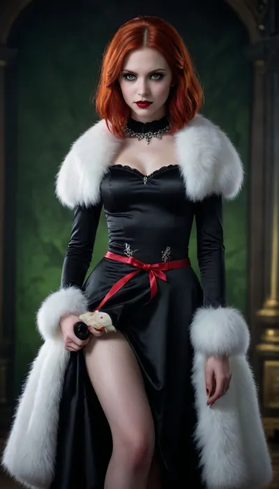 Girl, 25yo, game character, vampire, long bob haircut, shiny red hair, very pale skin, satin dress, (black), red lipstick, gothic makeup, green eyes, flat belly, knife in hand, fluffy silver fur collar, full height picture, legs, feet, dark light