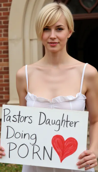 Graceful, pretty, 18 year old woman, very slim, cute face, short blonde hair, sexy, flat-chested, wearing a sunday dress, standing in front of a church, holding a homemade sign with text "PASTORS DAUGHTER DOING PORN" and a painted red heart