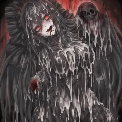 (Bukkake:1.4), {high quality}, horror, 1girl, long black hair, blood, hell landscape, (undead:.8), skull, <lora:PAseer的血腥地狱V2:.9>