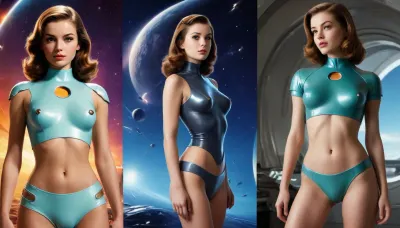 (style of old pulp scifi poster, Flat 2D Art:1), (side-by-side pictures:1), side-by-side pictures of 18 year old sexy girls wearing futuristic sexy scifi asymmetric space uniform, (slim body, small perky tits, little natural tits, flat, chested, flat chested:1.2), (retrofuturism:1.2)