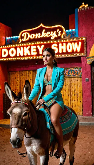 Beautiful Mexican woman riding a donkey in front of a Mexican nightclub. Marque with text "DONKEY SHOW TONIGHT"