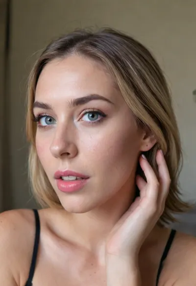 21 Year old fit girlfriend in her college dorm bedroom, (ashen blonde hair styled in a short pixie-cut with textured waves with dark roots), , Fit body, toned body, athletic body, soft breasts, high breasts, wide hips, narrow waist, tall, long legs, statuesque, amazon body, flushed face, flushed cheeks, rosy cheeks, subtle freckles, dimples, cheek dimples, dimples in cheeks, seductive smirk, conspiratorial smile, spunky attitude, feisty attitude, high energy, rockstar attitude, sexy dance, striptease, teasing, stripping, dancing, selfie, raised selfie, soft focus on eyes, ZipRealism, <lora:sunnyrayyxo_v1_SDXLBase:.4>
