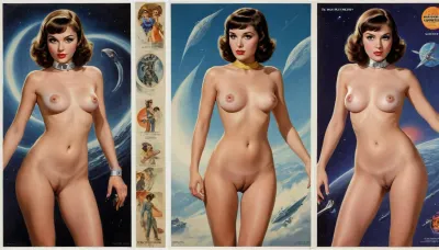 (style of old pulp scifi poster, Flat 2D Art, retrofuturism:1.2), (side-by-side pictures:1), side-by-side pictures of 18 year old sexy space princess, wearing sexy futuristic asymmetric space uniform provocative lewd scifi revealing cutout clothes intricate intimate avant-garde suit uniform, (slim body, very small perky tits, very hairy pussy:1), (), partially nude, <lora:add-detail-xl:.5>, <lora:FD_XL_ENF:.5>