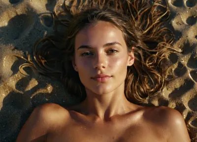 hyperdetailed face, skinny, 1girl lying on her belly on a california nudist beach, happy