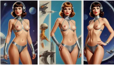 (style of old pulp scifi poster, Flat 2D Art, retrofuturism:1.2), (side-by-side pictures:1), side-by-side pictures of 18 year old sexy princess, wearing sexy futuristic asymmetric space uniform provocative lewd scifi revealing cutout clothes intricate intimate avant-garde suit uniform, (slim body, very small perky tits, very hairy pussy:1), (), partially nude, <lora:add-detail-xl:.5>, weird, future, fashion, helmet, <lora:weird future fashion_v5_xl:.5>