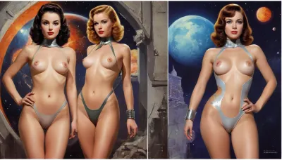 (style of old pulp scifi poster, Flat 2D Art, retrofuturism:1.2), (side-by-side pictures:1), side-by-side pictures of 18 year old sexy space princess, wearing sexy futuristic asymmetric space uniform provocative lewd scifi revealing cutout clothes intricate intimate avant-garde suit uniform, (slim body, small perky tits, hairy pussy:1.2), (), partially nude, <lora:add-detail-xl:.5>