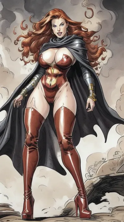 inksketch, (masterpiece:1.5), (best quality:1.5), ink sketch, a painting of a women, style jim starlin, huge boobs, massive hairy pussy, redhead, superbodysuit, cloak, masck, high heels boots, full body view, looking front, <lora:inkSketch_V1.5:.5>