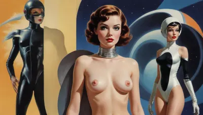 (style of old pulp scifi poster, Flat 2D Art, retrofuturism, very small perky tits, covered nipples:1.5), (side-by-side:1), side-by-side pictures of 18 year old slim sexy space princess wearing asymmetric avant-garde super tight space suit, (avant-garde asymmetric clothes:1.6), (wearing, futuristic, sexy, asymmetric, torn, cutout, exposing breast or pussy, lewd, intricate details, avant-garde, cutouts, cutoffs, lace, leggins, leotard, hotpants, uniform, suit, flightsuit, spacesuit, space_space, Avant-garde, edgbodytape), rank insignia, royal insignia, <lora:add-detail-xl:.5>, <lora:Space_clothes-xl-8:.5>, <lora:Avant-garde Fashion:.5>, <lora:edgBodytapeXL:.5>, <lora:weird_runway:.5>