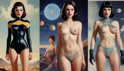 (style of old pulp scifi poster, Flat 2D Art, side-by-side pictures, retrofuturism:1.5), (very small perky tits, covered nipples:1.6), side-by-side pictures of 18 year old slim sexy space princess wearing asymmetric avant-garde super tight space suit, (avant-garde asymmetric clothes:1.6), (wearing, futuristic, sexy, asymmetric, torn, cutout, exposing breast or pussy, lewd, intricate details, avant-garde, cutouts, cutoffs, lace, leggins, leotard, hotpants, uniform, suit, flightsuit, spacesuit, space_space, Avant-garde, edgbodytape), rank insignia, royal insignia, <lora:add-detail-xl:.5>, <lora:Space_clothes-xl-8:.5>, <lora:Avant-garde Fashion:.5>, <lora:edgBodytapeXL:.5>, <lora:weird_runway:.5>