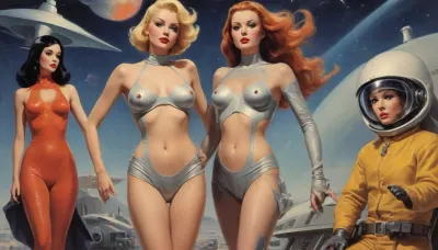 (style of old pulp scifi poster, Flat 2D Art, side-by-side pictures:1.6), (retrofuturism, very small perky tits, covered nipples:1.6), side-by-side pictures of 18 year old slim sexy space princess wearing asymmetric avant-garde super tight space suit, (avant-garde asymmetric clothes:1.6), (wearing, futuristic, sexy, asymmetric, torn, cutout, exposing breast or pussy, lewd, intricate details, avant-garde, cutouts, cutoffs, lace, leggins, leotard, hotpants, uniform, suit, flightsuit, spacesuit, space_space, Avant-garde, edgbodytape), rank insignia, royal insignia, <lora:add-detail-xl:.5>, <lora:Space_clothes-xl-8:.5>, <lora:Avant-garde Fashion:.5>, <lora:edgBodytapeXL:.5>, <lora:weird_runway:.5>