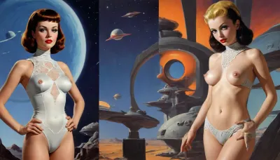 (style of old pulp scifi poster, Flat 2D Art, side-by-side pictures:1.6), (retrofuturism, very small perky tits, covered nipples:1.6), side-by-side pictures of 18 year old slim sexy space princess wearing asymmetric avant-garde super tight space suit, (avant-garde asymmetric clothes:1.6), (wearing, futuristic, sexy, asymmetric, torn, cutout, exposing breast or pussy, lewd, intricate details, avant-garde, cutouts, cutoffs, lace, leggins, leotard, hotpants, uniform, suit, flightsuit, spacesuit, space_space, Avant-garde, edgbodytape), rank insignia, royal insignia, <lora:add-detail-xl:.5>, <lora:Space_clothes-xl-8:.5>, <lora:Avant-garde Fashion:.5>, <lora:edgBodytapeXL:.5>, <lora:weird_runway:.5>