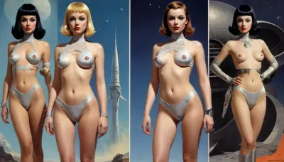 (style of old pulp scifi poster, Flat 2D Art, side-by-side pictures, retrofuturism:1.5), (very small perky tits, covered nipples:1.6), side-by-side pictures of 18 year old slim sexy space princess wearing asymmetric avant-garde super tight space suit, (avant-garde asymmetric clothes:1.6), (wearing, futuristic, sexy, asymmetric, torn, cutout, exposing breast or pussy, lewd, intricate details, avant-garde, cutouts, cutoffs, lace, leggins, leotard, hotpants, uniform, suit, flightsuit, spacesuit, space_space, Avant-garde, edgbodytape), rank insignia, royal insignia, <lora:add-detail-xl:.5>, <lora:Space_clothes-xl-8:.5>, <lora:Avant-garde Fashion:.5>, <lora:edgBodytapeXL:.5>, <lora:weird_runway:.5>
