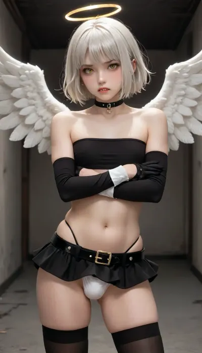 looking at viewer, solo, gloves, bare shoulders, thighhighs, femboy, black thighhighs, blush, elbow gloves, teeth, underwear, crossed arms, anger vein, choker, panties, androgynous, trap, yellow eyes, skirt, angel, midriff, sleeveless, plump, skindentation, miniskirt, belt, looking to the side, frown, white hair, annoyed, curvy, sharp teeth, strapless, tube top, clenched teeth, revealing clothes, dark skin, black belt, dark-skinned male, crossdressing, halo, adjusting clothes, stomach, thong, ass shake, highleg, piercing, bulge, legs together, v-shaped eyebrows, shiny skin, highleg panties, ear piercing, angel boy, wrist belt, /, alt, fashion, <lora:alt_fashion_v2:.5>