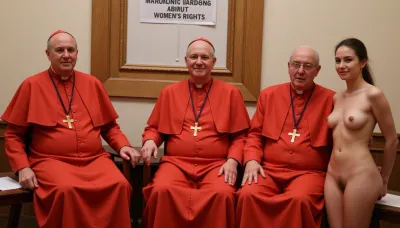 Scene in the vatican, three Roman-Catholic cardinals, older than 70, wearing red cardinal robes, are sitting together. Each of them is accompanied by a 20 year old woman, naked, standing next to them. A sign on the wall has text "CONFERENCE ABOUT WOMEN'S RIGHTS".