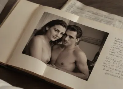 hyper-detailed old photo album open to page 1, page 4 black and white photos. The photos are pornographic shots of a married couple at home fucking., Ando, Fuchs, Style, page, <lora:Ando Fuchs Style:.5>, titfuck, <lora:titfuck_SDXL:.5>, <lora:276883_training_data:.5>